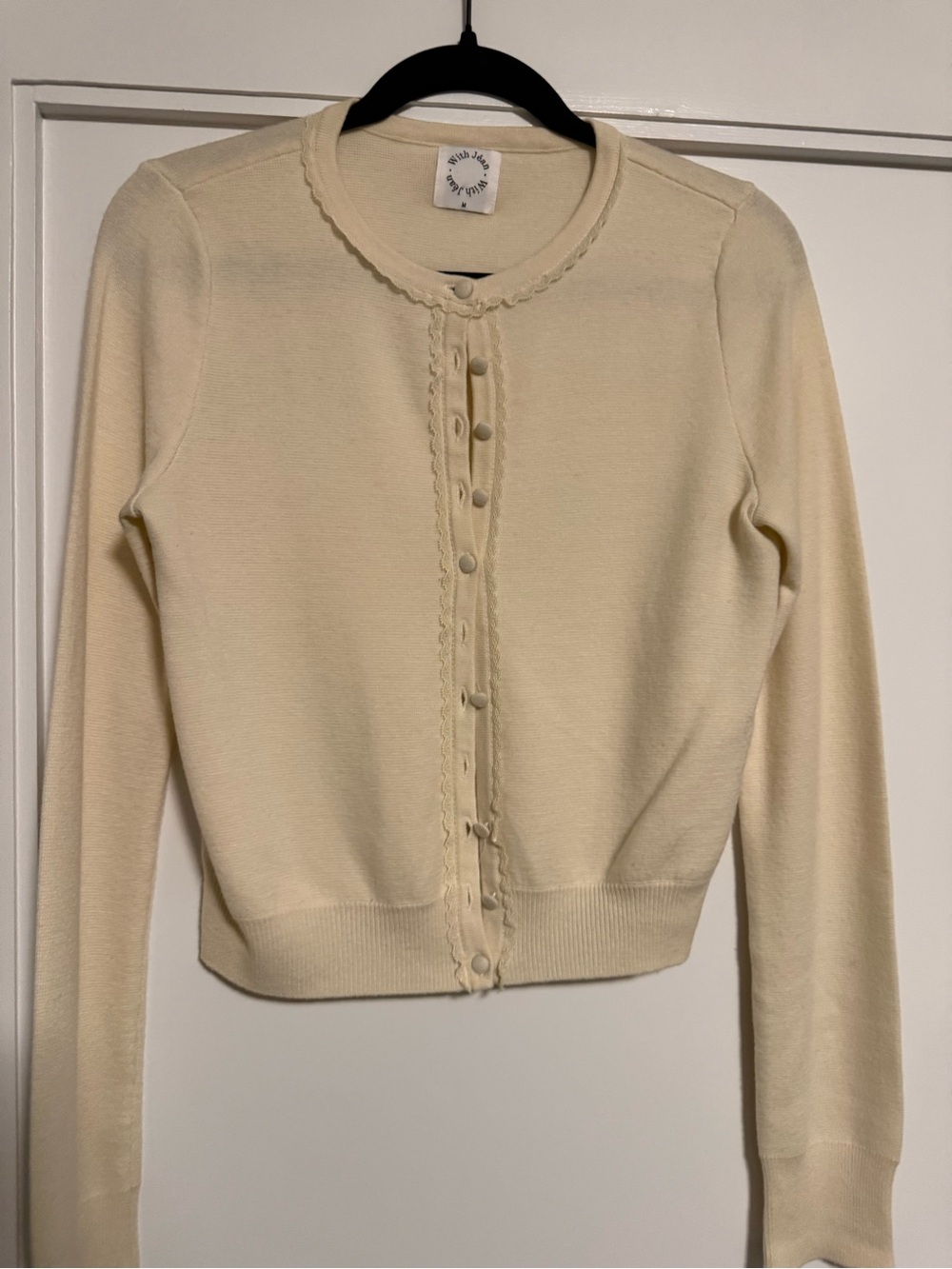 With Jean Cream Scallop-Trim Button Cardigan